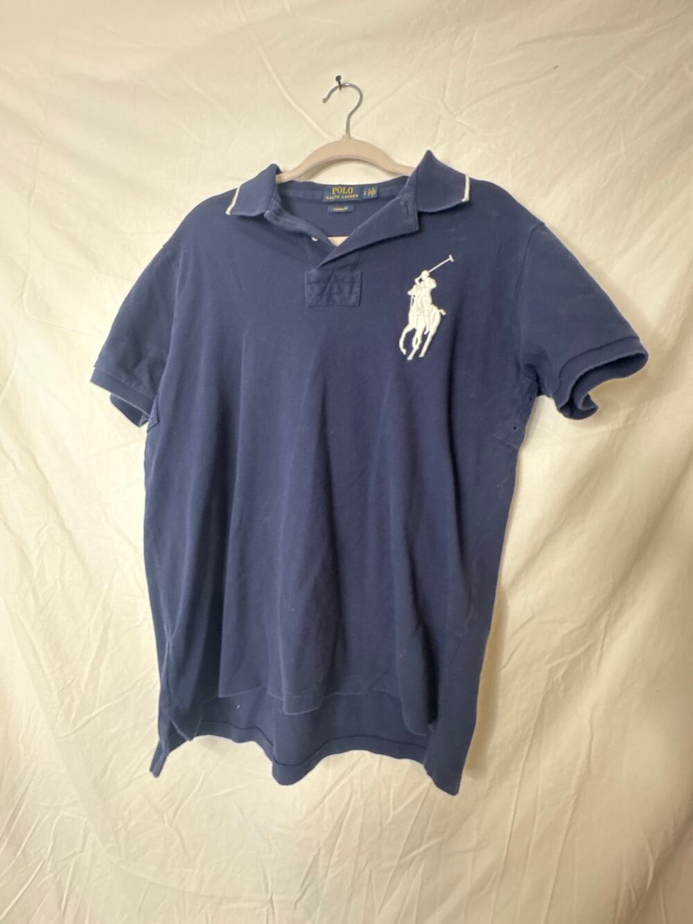 POLO RALPH LAUREN Collared Shirt Men’s Large Big Emblem White on Navy.